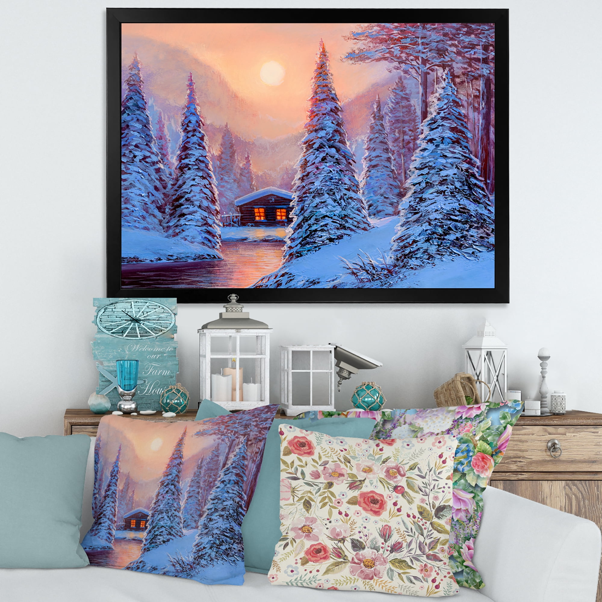 Designart 'The River House In The Woods and Winter Landscape I' Lake House Framed Art Print