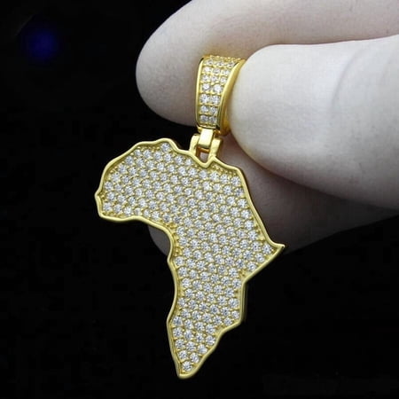Hrutvi Jewels Africa Map Pendant Real Certified Moissanite, 14K Yellow Gold Plated 925 Silver, Iced Out Hip Hop Necklace, African Pride Jewelry Gift