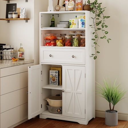 VECELO Freestanding Kitchen Floor Cabinet with Large Drawer, 2 Doors & Adjustable Shelves for Kitchen, Bathroom Living Room White