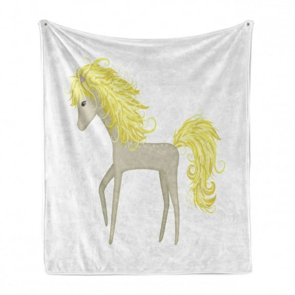 Pony Soft Flannel Fleece Throw Blanket, Simplistic Little Horse with Blonde Tail and Mane Childish Graphic, Cozy Plush for Indoor and Outdoor Use, 50" x 70", Pale Yellow Grey Yellow, by Ambesonne