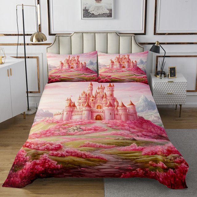 Erosebridal Ensemble de Couvre-Lit Château Rose Grand pour Filles, Ensemble de Literie Conte de Fées Rêveur, Microfibre 3 Pcs