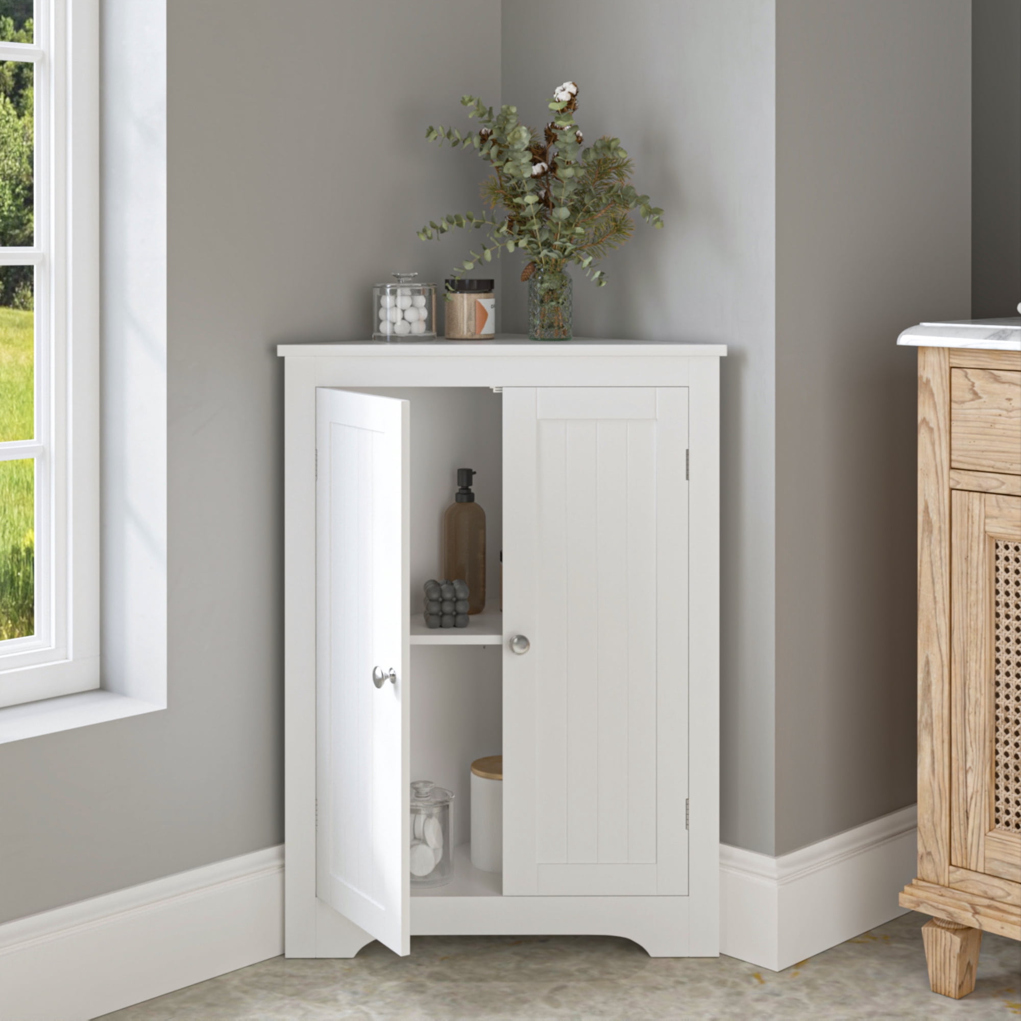 Floor Corner Cabinet with 2 Shelves,Corner Storage Cabinet Shelving Storage with Adjustable Shelves for Kitchen Living Room Bathroom, White