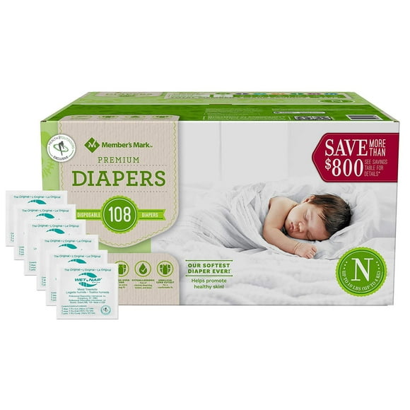 HAO M Mark Premium Baby Diapers - Newborn (0-10 lbs) 108 count WMoist Towelettes