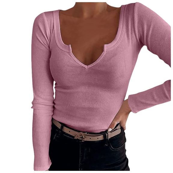 HXWCHs Deep U Neck Long Sleeve Solid Color Casual Fashion T-Shirt for Women XS Red