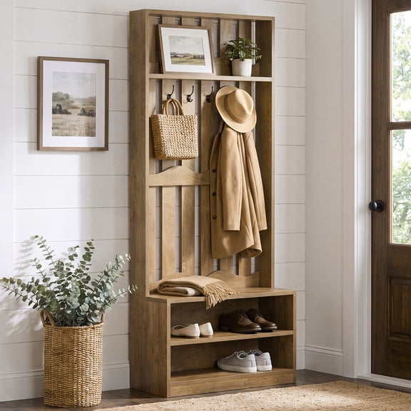 Finmind Farmhouse Hall Tree with Bench and Shoe Storage,  Rustic Coat Rack with Bench Seat and 4 Coat Hooks, Brown