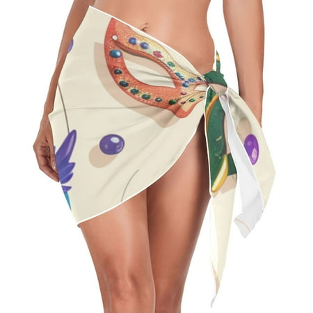 Carnival Masks Beads Women Coverups Beach Cover Up Chiffon Swimsuit Bikini Wrap Short Skirt Beach Slit Tie Waist