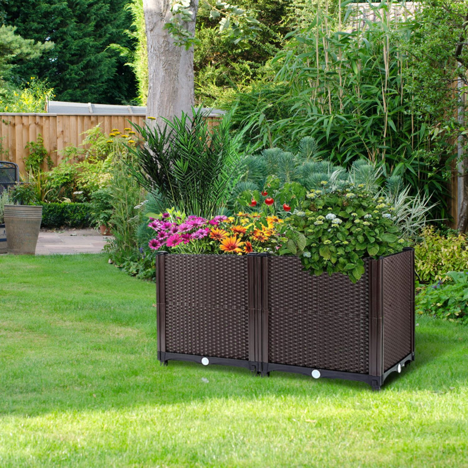 Garden Patio Bed TeqHome Plant Growth Box PP Rectangle Elevated Planter Box with Self-watering System for Flowers Vegetables Herbs Brown 23.6x11.8x13.8in-L