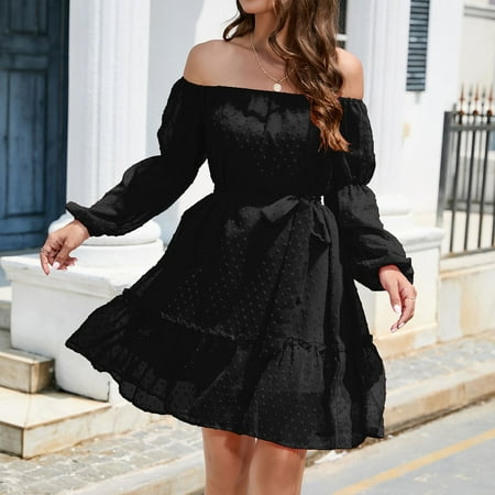 Gmdeguo Women Fashion Solid Long Sleeves No Collar Puff Sleeves Mid-Rise One Shoulder Dress Bridesmaid Dresses Gothic Burlesque Corsets Costumes Black