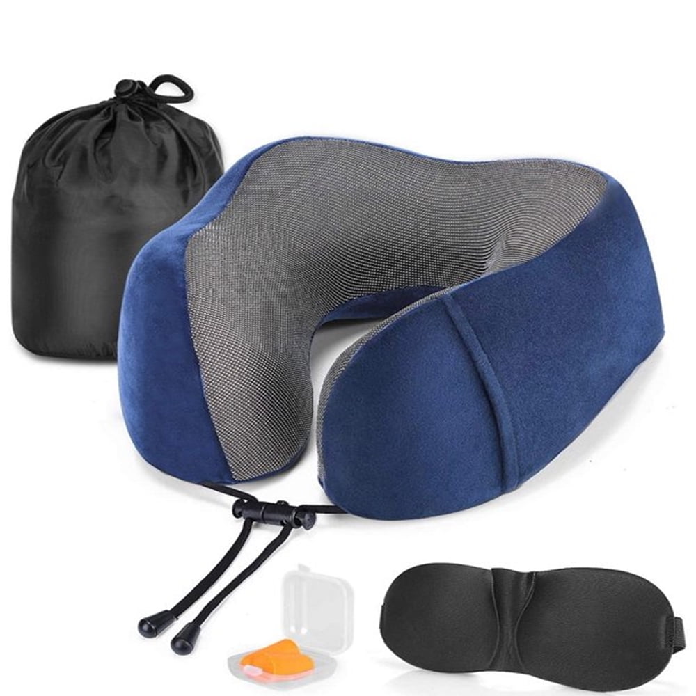 DYD Travel Pillow Memory Foam Neck Pillow for Airplane Breathable & Washable Velour Cover Ergonomic Neck Support Pillow with Sleep Mask & Earplugs