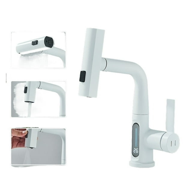 Temperature Digital Display Basin Faucet for Bathroom Pull Out Waterfall Stream 3 Way Sprayer