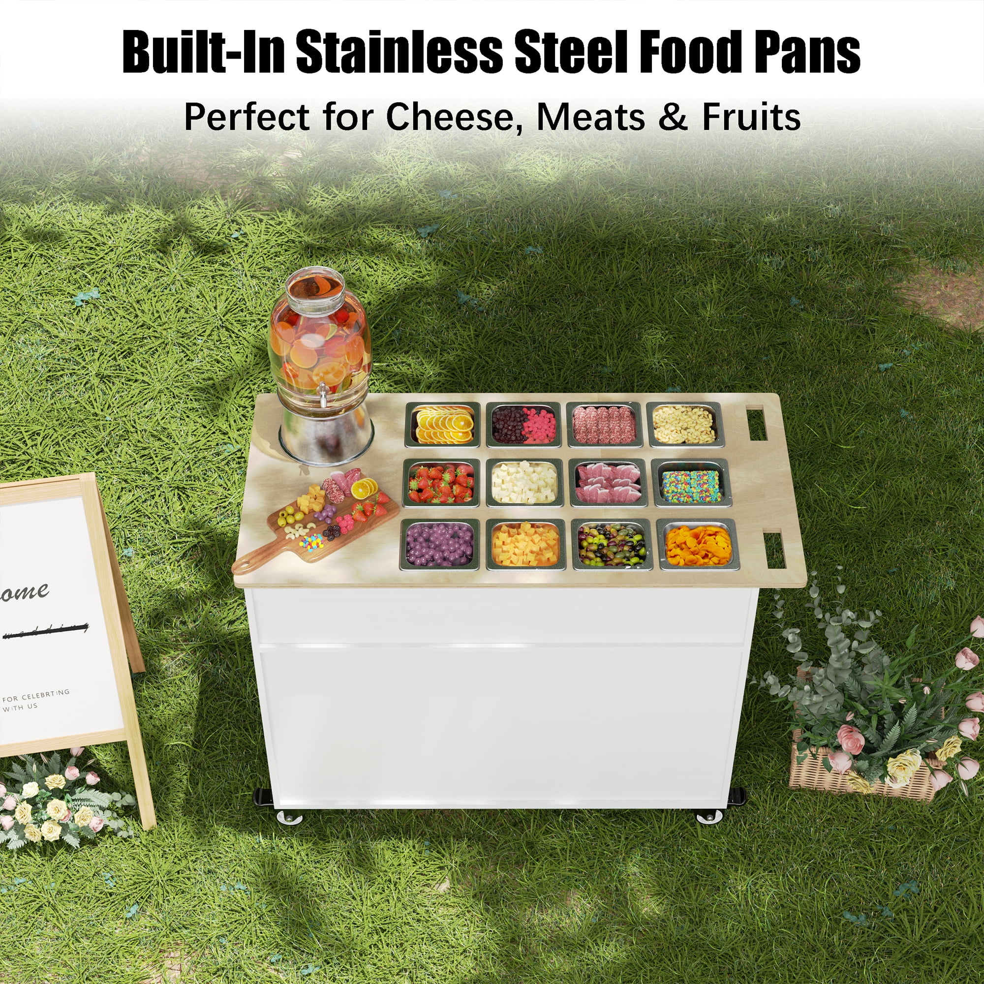 GDLF Charcuterie Cart with Stainless Steel Food Pans, Mobile Pizza Topping & Salad Bar Station, Buffet Serving Table