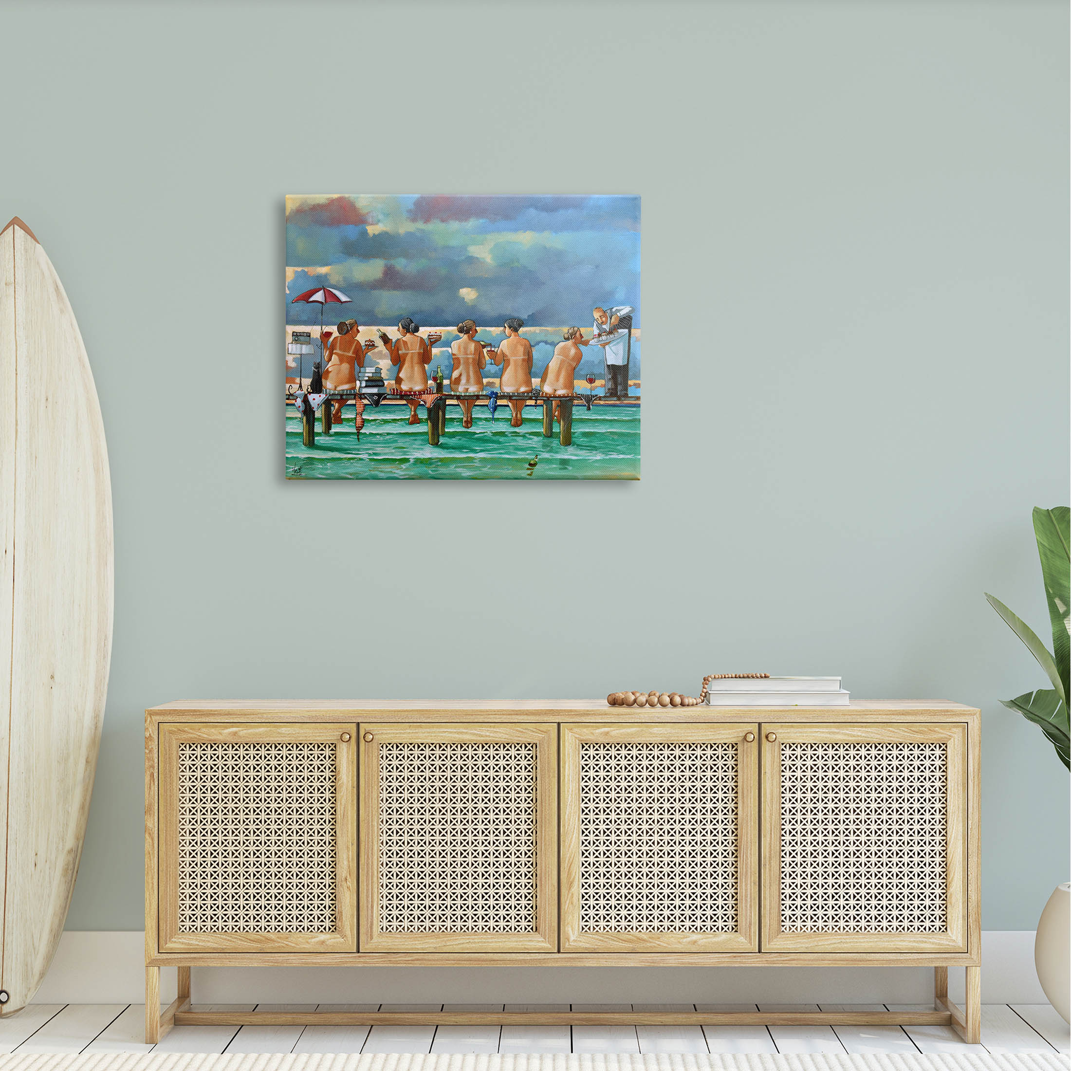 Beach Dock Women Summer Fun Coastal Painting Gallery Wrapped Canvas Print Wall Art