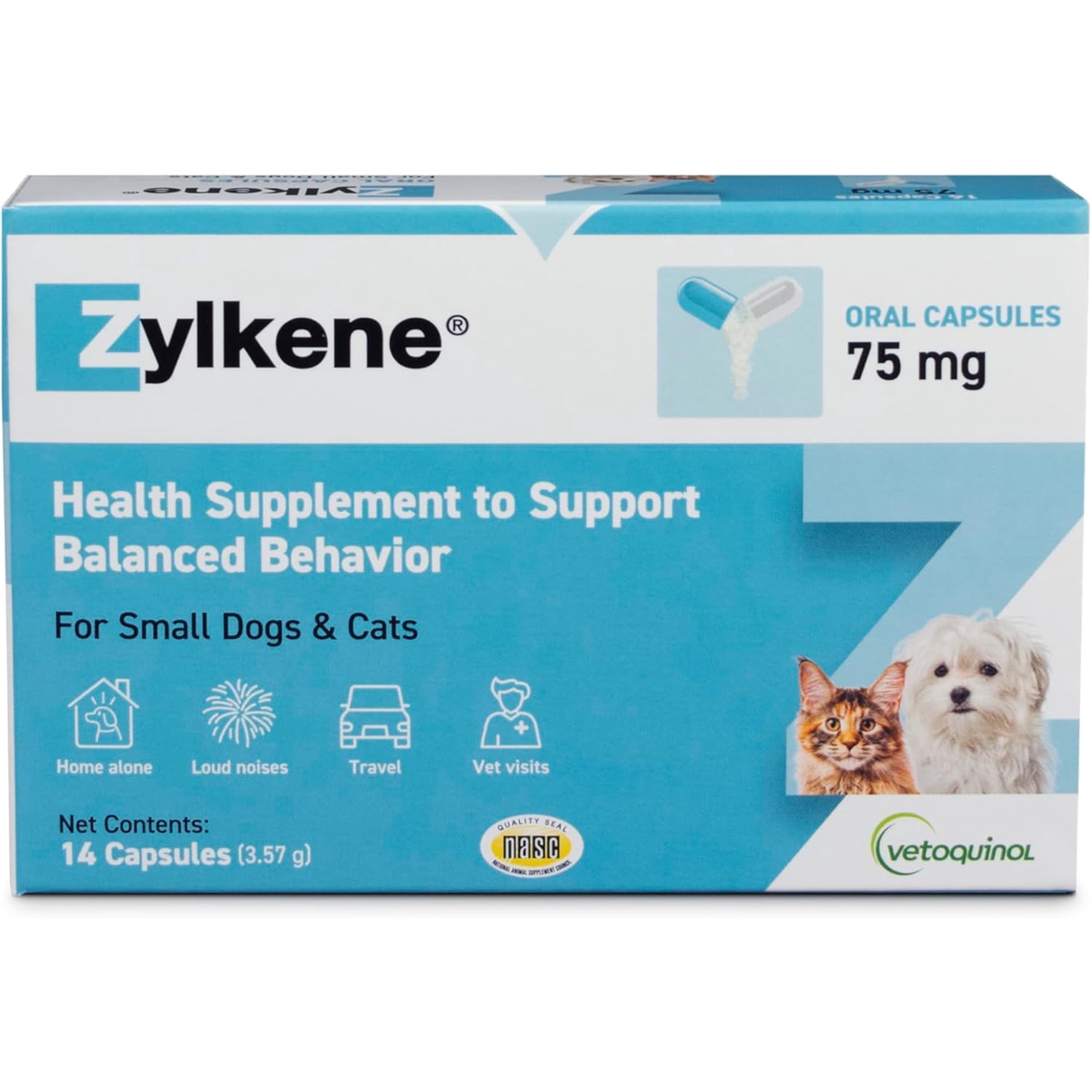 Vetoquinol Zylkene Calming Supplement for Dogs & Cats, Anxiety & Stress Relief, For Small Pets 11-22lbs, 14 Count
