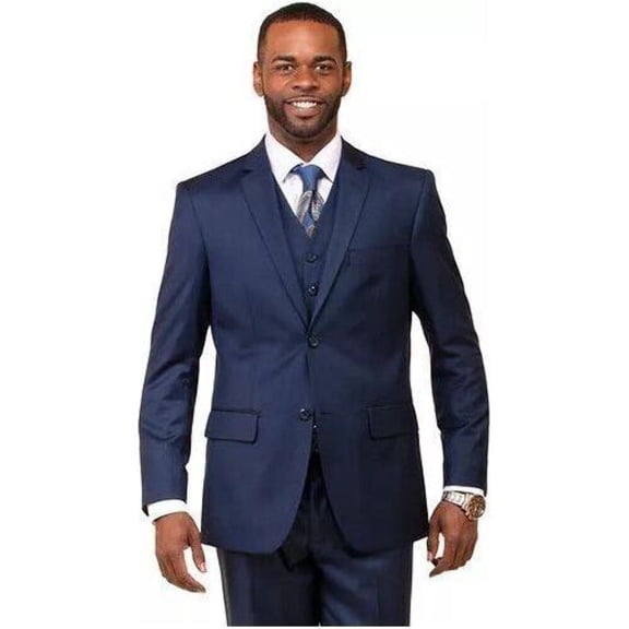 Mens Vitali Three Piece Suit Vested Sheen Sharkskin Business M3090 Ink blue