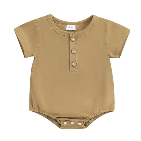 

WERNZATT Infant Baby Boys Girls Cotton Linen Romper Solid Color Round Neck Short Sleeve Front Button Jumpsuit