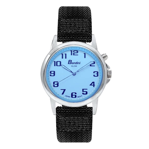 Bandini Mens Glow Watch - 2 Piece Nylon Band - 38mm Analog Men's Easy to Read Wrist Watch with Light, Light Up Watches, Quartz, White Dial, Big Numbers, Glow in the Dark Hands - Silver Tone / Black