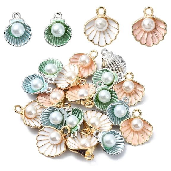 20pcs 4 styles Alloy Pendants with Enamel and Plastic Imitation Pearl Beads Shell Mixed color 14.5~17x11.5~15x7mm Hole: 1.2~2mm 5pcs/style