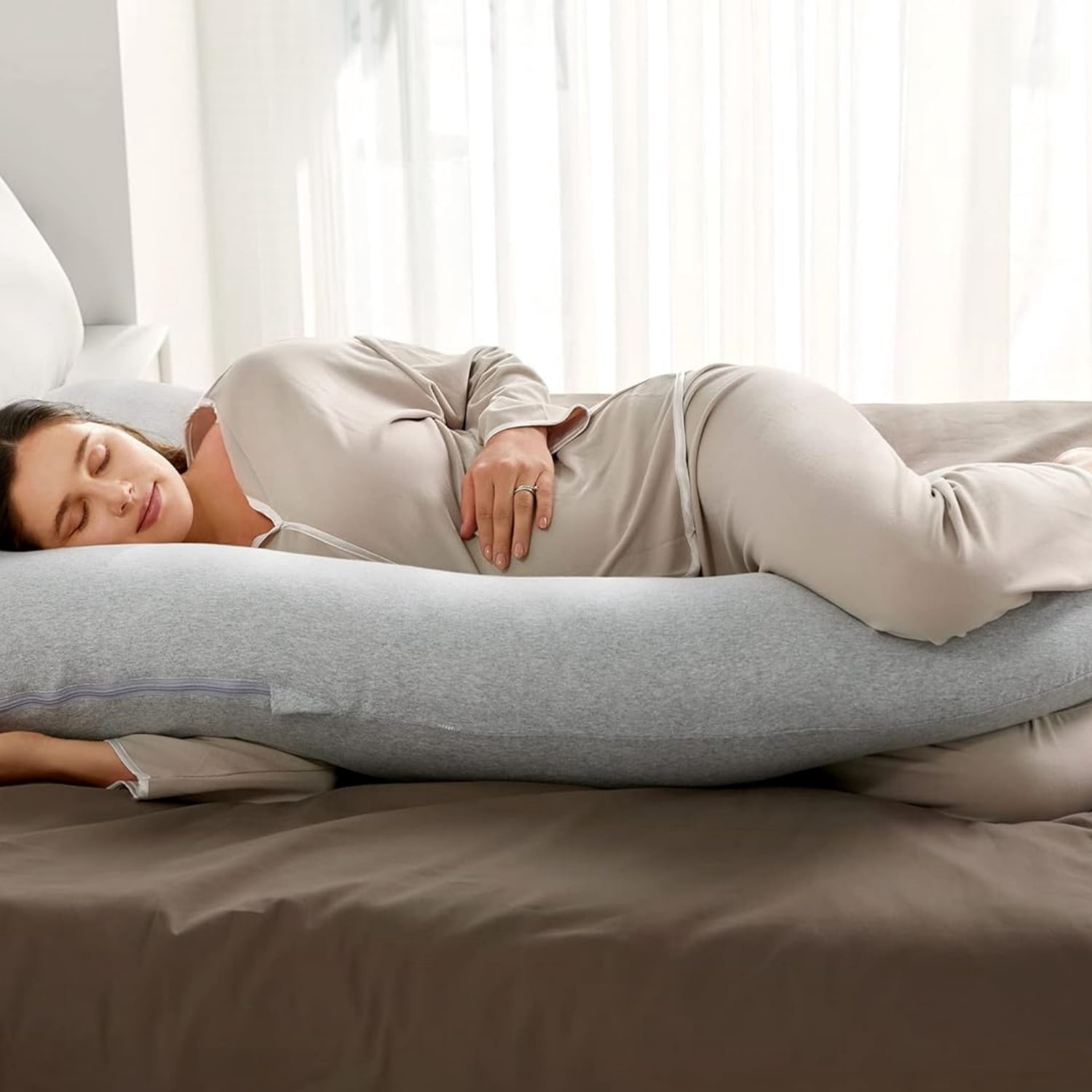 Shaped Pregnancy Pillows with Cotton Removable Cover, 57 Inch Full Body Pillow Maternity Support, Must Have for Pregnant Women, Hatha Grey