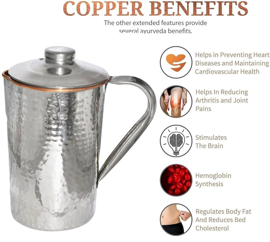 IMTRA FASHION Pure Copper and Stainless Steel Pitcher 50.7 Fl Oz Hammered Water Jug With Lid for Drinking Ayurveda Health Benefits