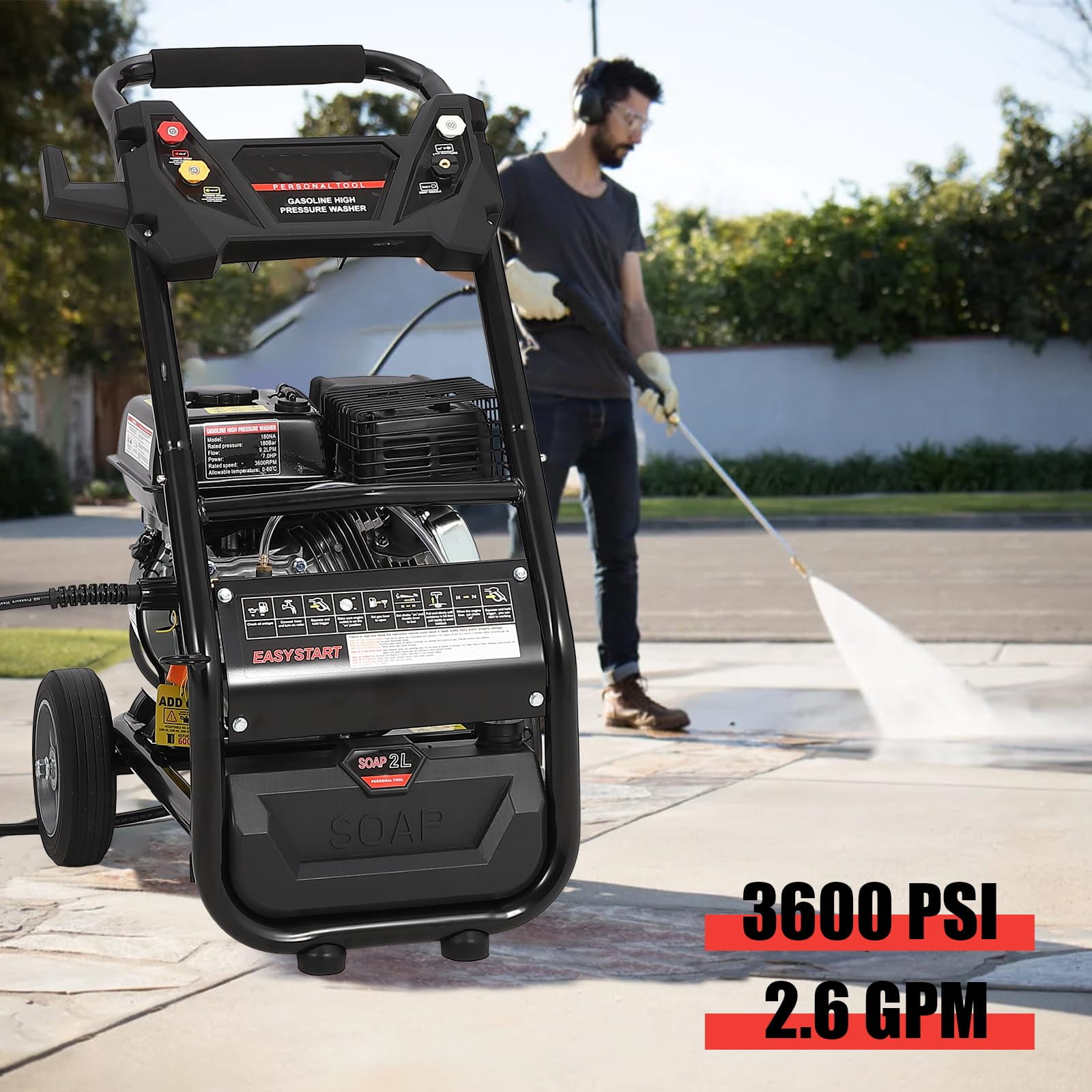 Towallmark Pressure Washer – 3600 PSI Electric & 210CC Gas High-Pressure Washer with 2.6 GPM Flow, 26ft Hose, and 5 Nozzle Attachments for Patio and Car Cleaning