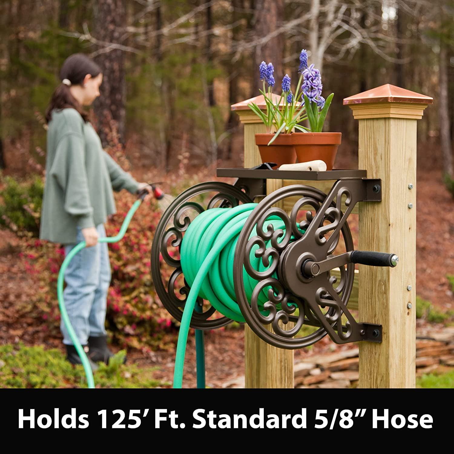 Liberty Garden 708 Steel Wall Mount Garden Hose Reel, Holds 125ft 5/8" Hose, Decorative Bronze Finish