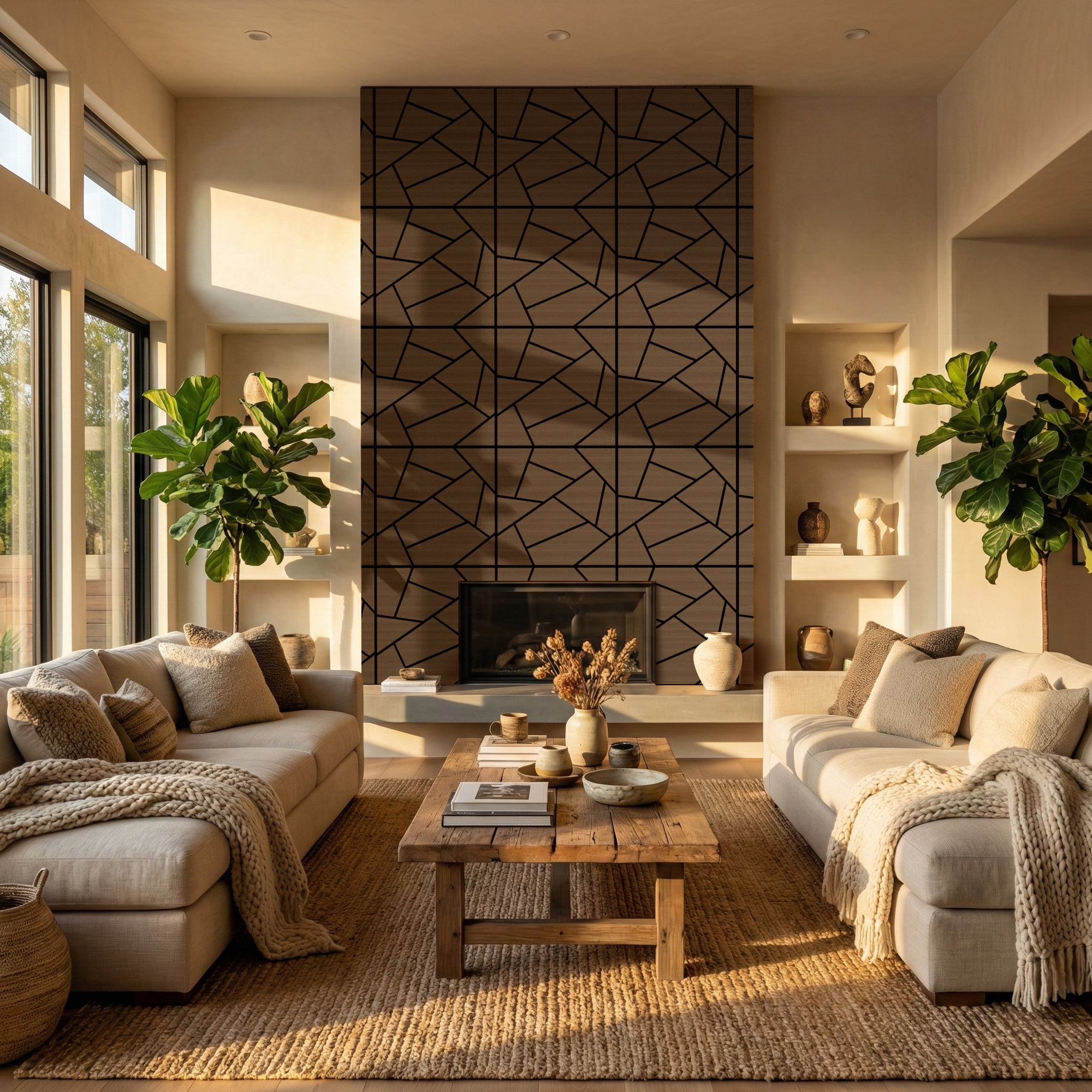 Fahomiss Abstract Geometric Acoustic Wood Slat Wall Tiles 4-Pack 24"x24", 3D Panel, Walnut