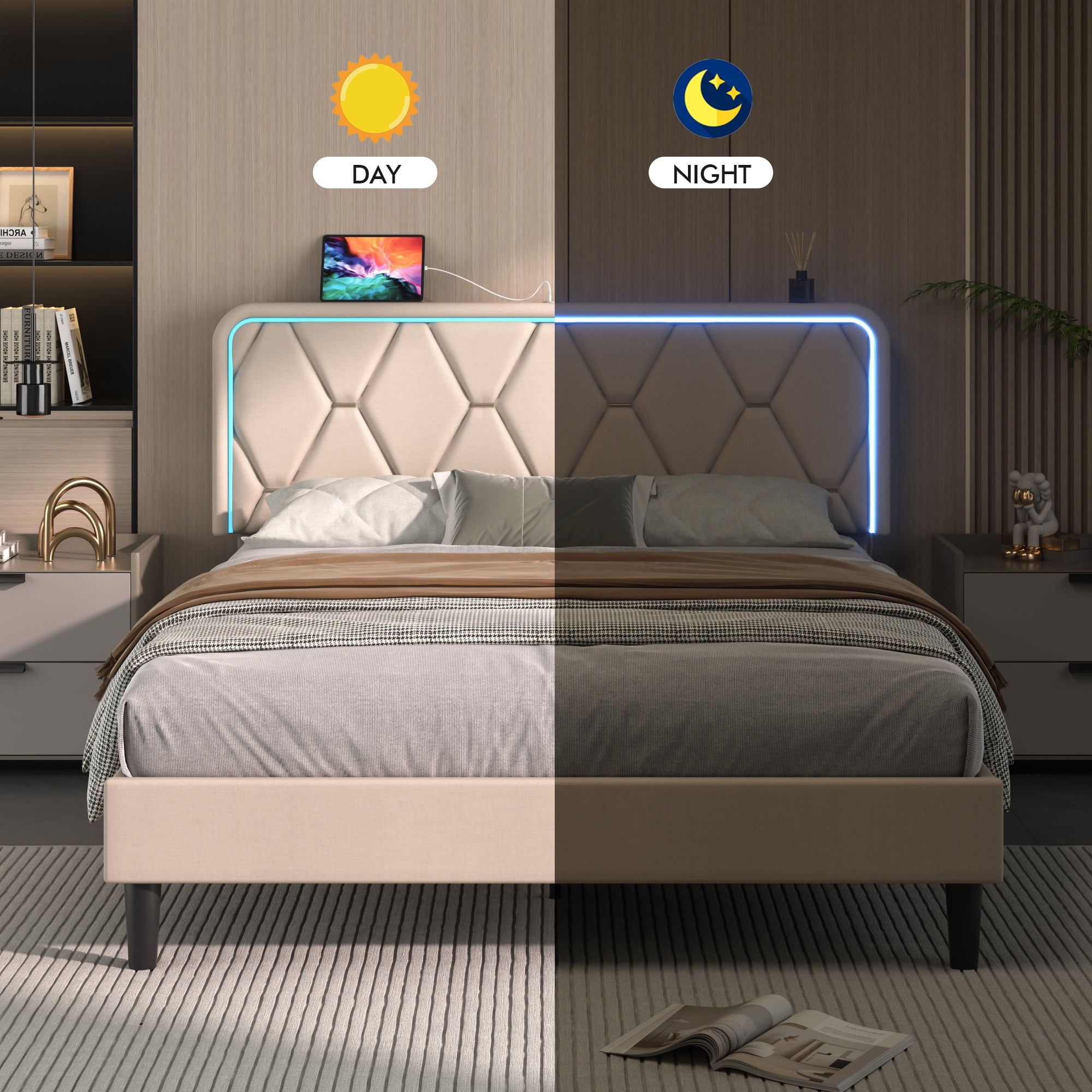 VECELO Upholstered Queen Bed Frame with Headboard Adjustable, Velvet Platform Bed with LED Lights, Charging Station, Mattress Foundation with Wooden Slats, Noise Free, No Box Spring Needed, Beige