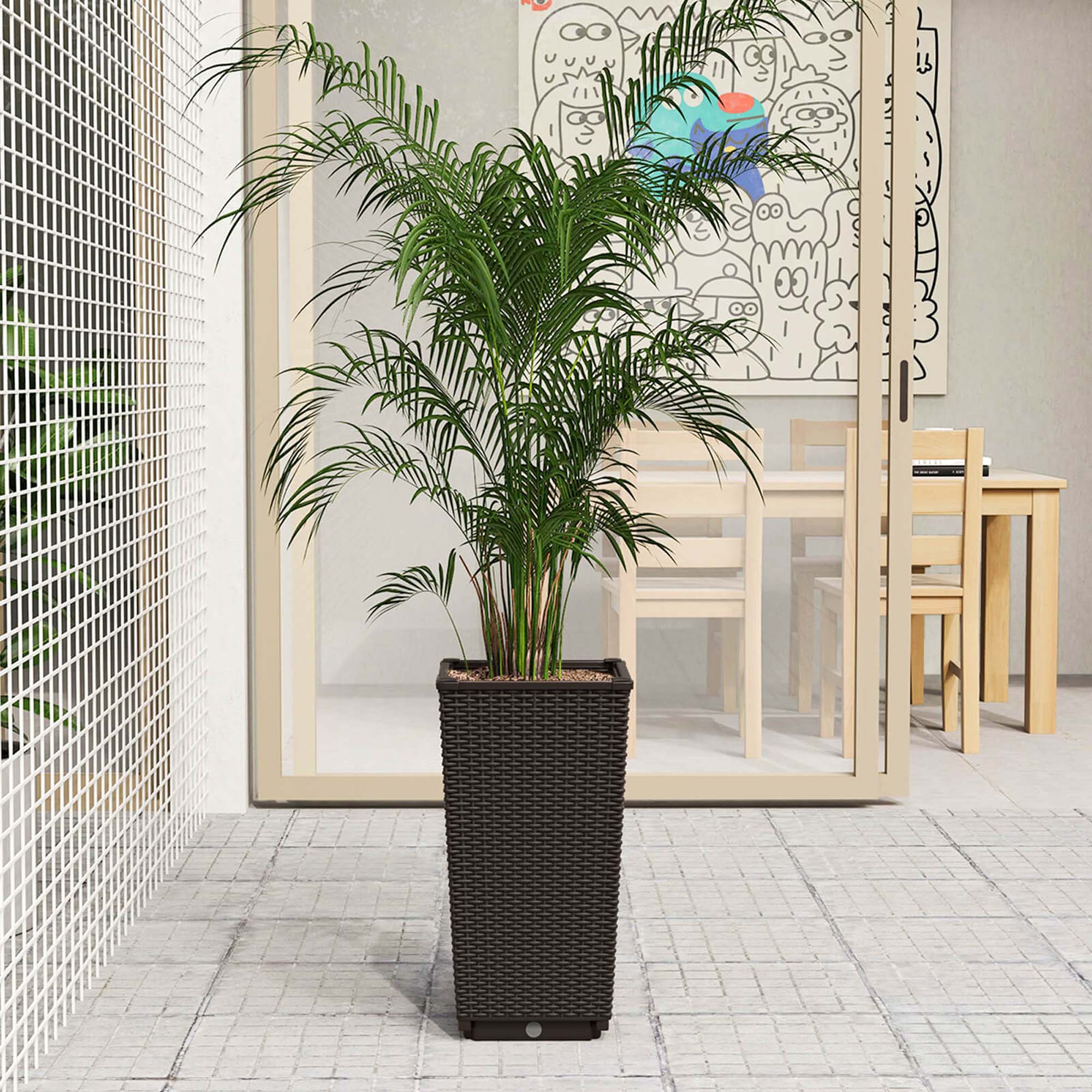 Costway 23" Tall Planters Set of 2 Rattan Wicker Plant Pot Self-watering Tree Pot Brown