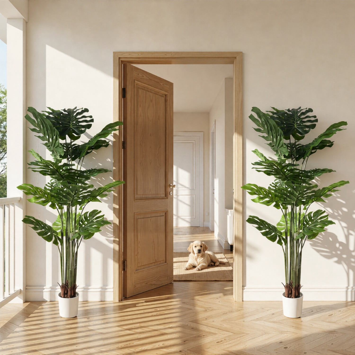 BEAUTYPEAK 5.3FT Artificial Plant Fake Indoor Monstera Plant Decorative Outdoor Greenery in White Pot