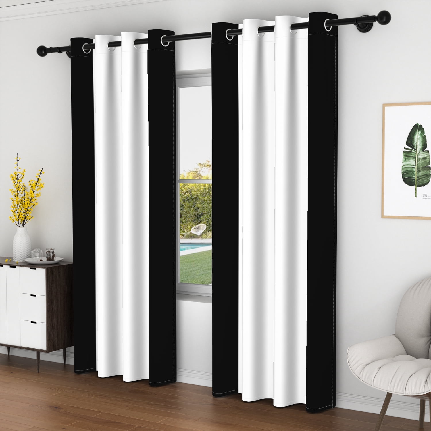 Lfeey Bedroom Blackout Curtains, Light Blocking Grommet Window Drapes for Living Room, 2 Panels, 52"W x 84"L, Black and White