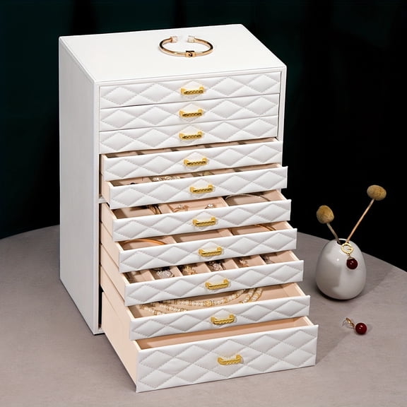 FEIYAN 10-Layer Jewelry Box - Extra Large Faux Leather Organizer with Velvet Lining, Gold Handles, White Elegant Gift for Women & Girls