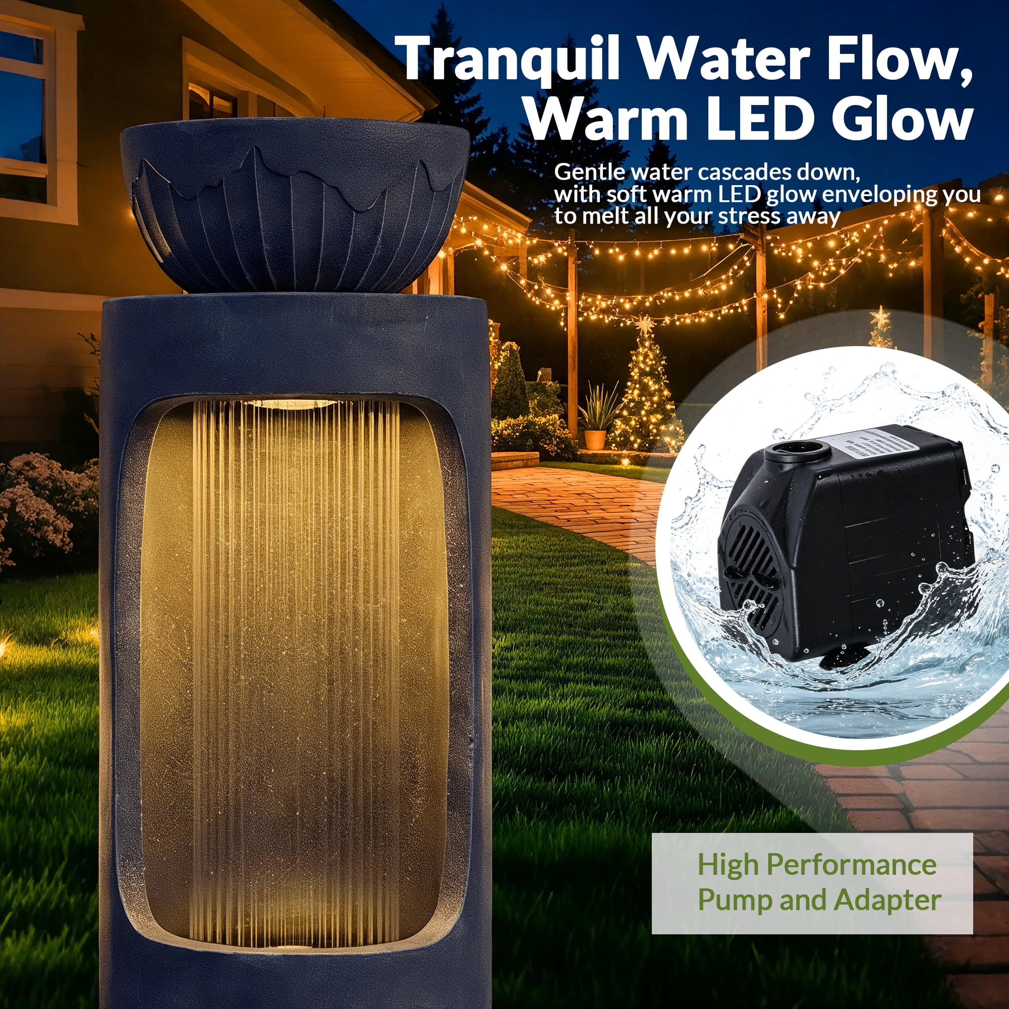 Magic Union 37.2" Outdoor Water Fountain, Cascading Waterfall Fountain with LED Lights & Planter Bowl, Garden Freestanding Resin Fountain for Outside, Water Feature for Patio, Balcony, Yard, Deck