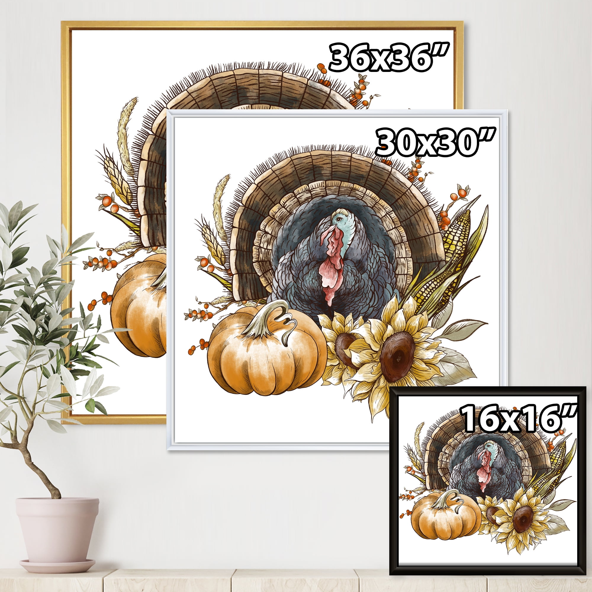 Designart 'Thanksgiving Vintage Turkey Pumpkin and Sunflowers ' Farmhouse Framed Canvas Wall Art Print