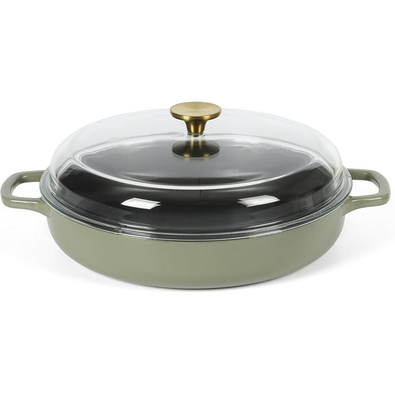 Kitchen Essentials 3.75 Quart Enamel Cast Iron All In One Multi-Purpose Non-Toxic Nonstick Braiser Pan W/Borosilicate Glass Lid - Green