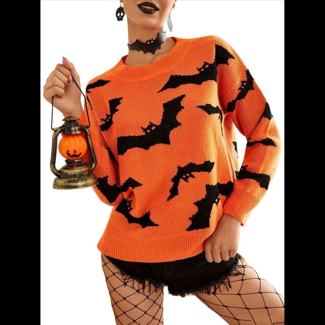 Suéter de Punto Jacquard de Halloween de Larga para Mujer, Cuello Redondo, para Otoño e Invierno. Naranja Rojo L