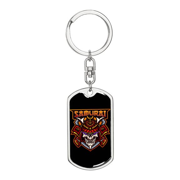 Samurai Skull Mascot Keychain Dog Tag Stainless Steel or 18k Gold
