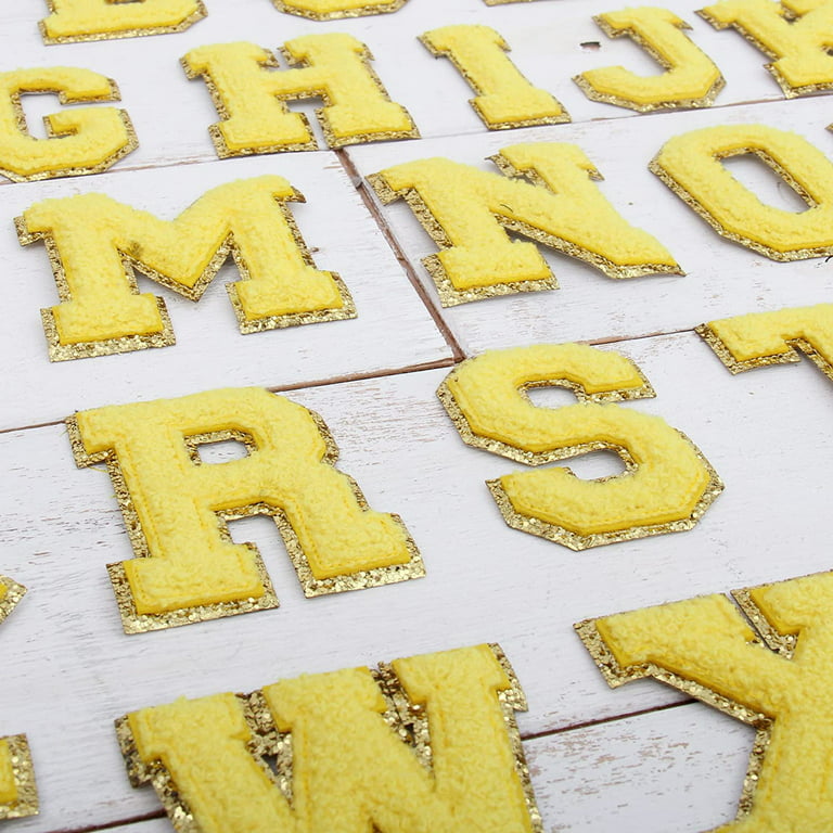 Yellow Iron On Varsity Letter Patches -Sets of 3 Letters -Large 8 cm  Chenille with Gold GlitterQ