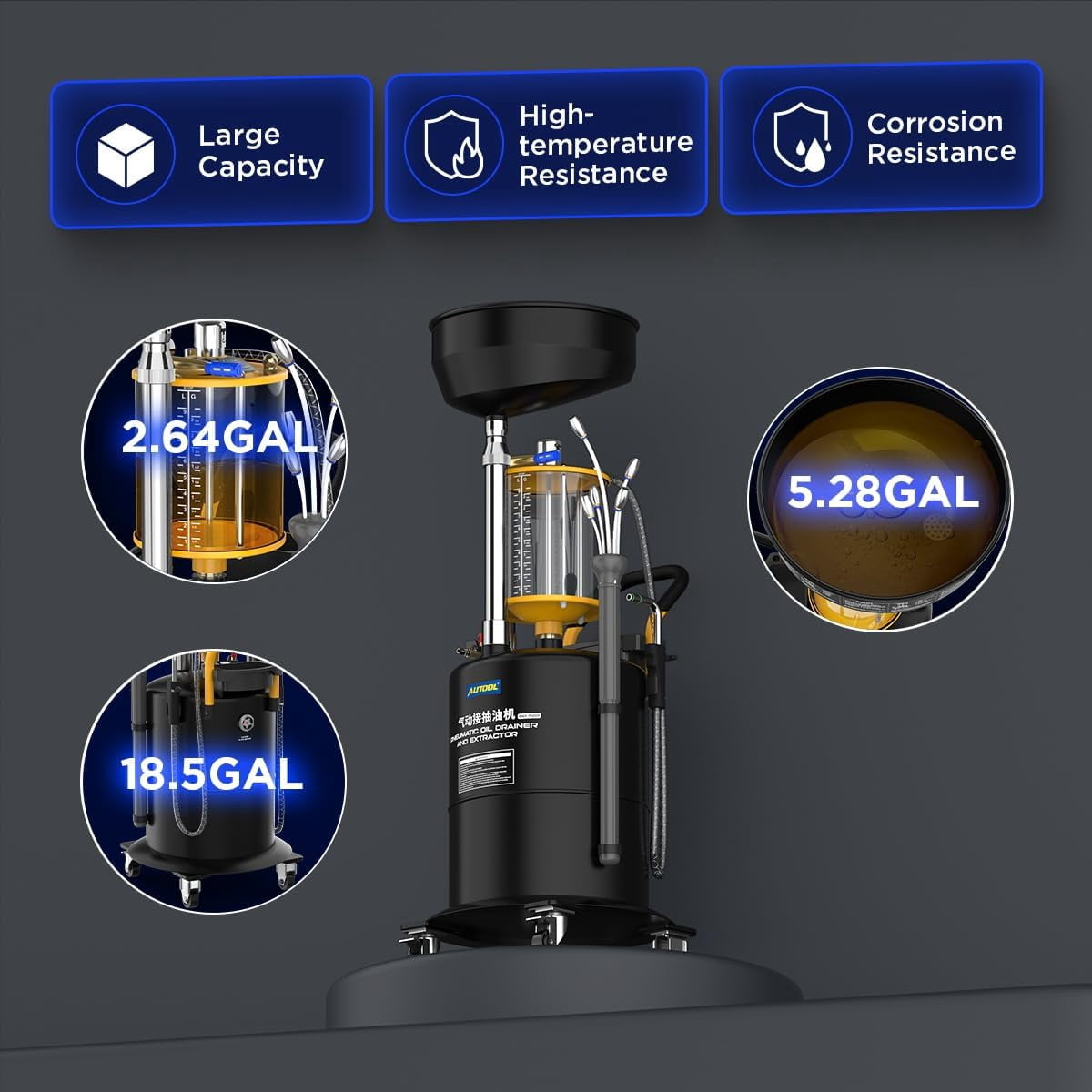 AUTOOL OD720 18.5 Gallon Pneumatic Oil Drainer and Extractor Vacuum Oil Change Tank with Large Capacity Measuring Cup and 5 Evacuation Wands