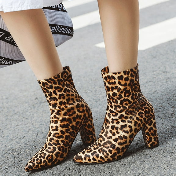 Tejiojio Fall Clearance Women's Fashion Leopard Print Pullover Boots Socks Boots Ankle Boots