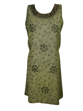 Mogul Women Sun Dress Green Embroidered Midi Boho Summer Tank Dresses M