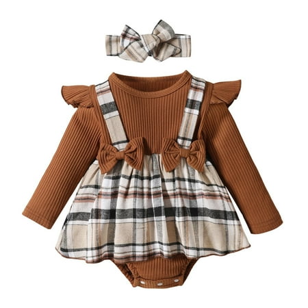 

Dr.Eam Newborn Bodysuits Infant Girls Long Sleeve Ribbed Bowknot Romper Newborn Plaid Bodysuits Dress Headbands Outfits Onesies Outerwear Brown 9 M-12 M