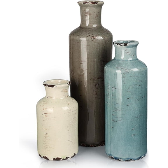 CUCUMI Ceramic Vases Set of 3, Rustic Coastal Vases Home Decor, Farmhouse Flower Vases Decor for Shelves, Ocean Beach Style, Mantle, Fireplace, Coffee Table, Shelf Decorations