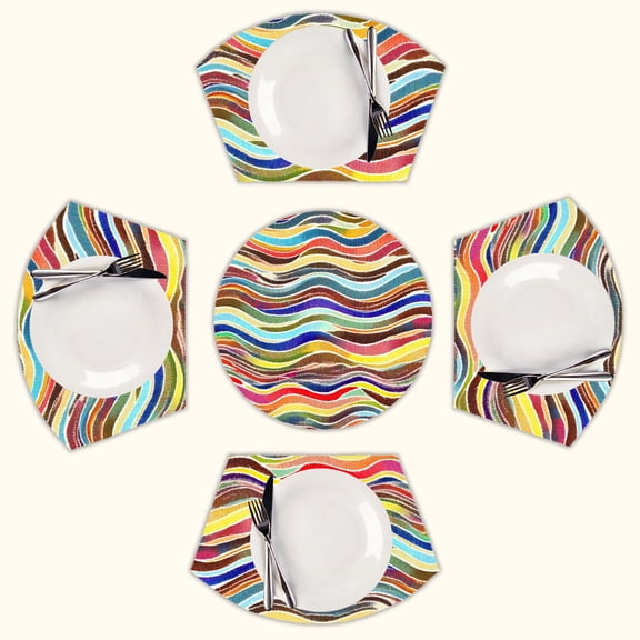 Colorful wavy abstract lines Round Table Placemats Set Of 5 Wedge Table Mats Washable Heat Resistant Place Mat For Dining Table Kitchen Farmhouse Restaurant