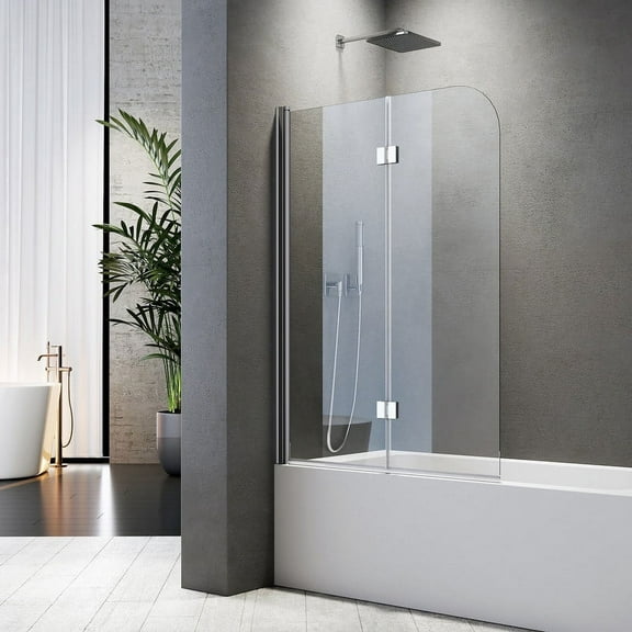 Bathtub Shower Door 42"W x 55"H Semi-Frameless Bath Tub Shower Door Foldable Hinged Bathtub Glass Door Bathtub Door 1/4" Tempered Glass with Explosion-Proof Film Stainless Steel Chrome
