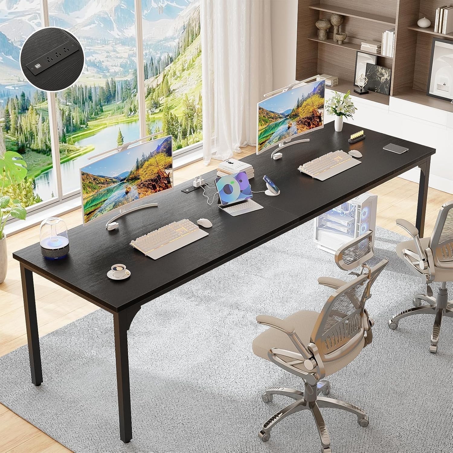 Homieasy 78.7" 2 Person Desk with Power Outlet and USB Ports, Long Double Table Home Office Computer Desk, Modern Study Writing Desk Workstation, Sturdy Metal Frame, for Home & Office, Black