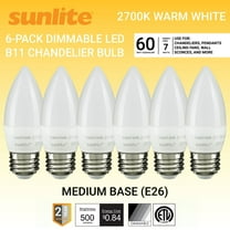 Sunlite LED B11 Torpedo Tip Chandelier Light Bulb, 7 Watts (60W Equivalent), Medium E26 Base, Dimmable, 2700K Soft White, Frost, 6 Pack