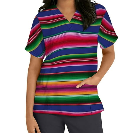 

Summer Savings Clearance 2022! SuoKom Scrubs Tops Women Tops Short Sleeve V-neck Tops Working Uniform Stripe Print with Three Pockets Blouse