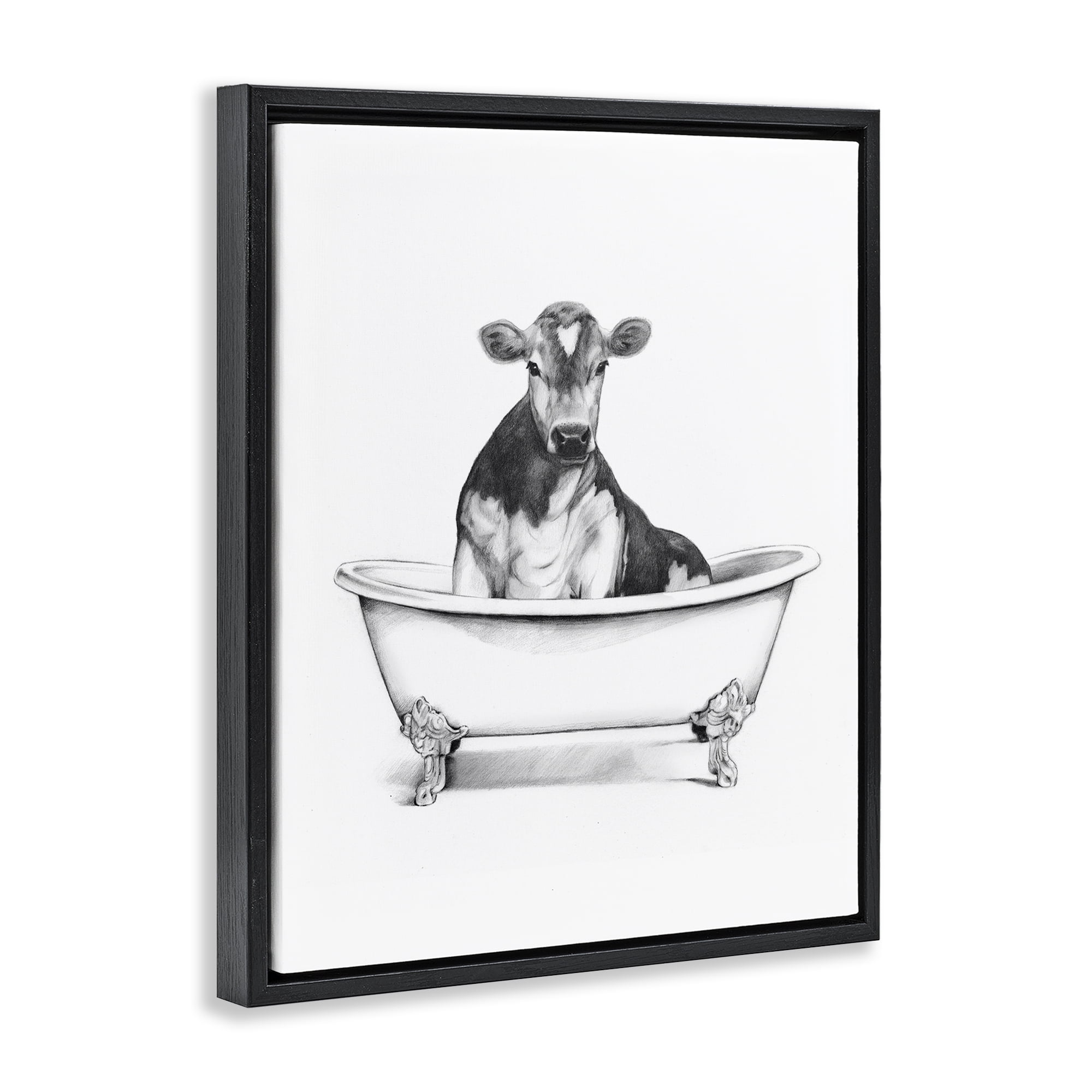 Stupell Industries Antique Tub with Cow Bath & Laundry Painting Black Floater Framed Canvas Art Print Wall Art, 25 x 31