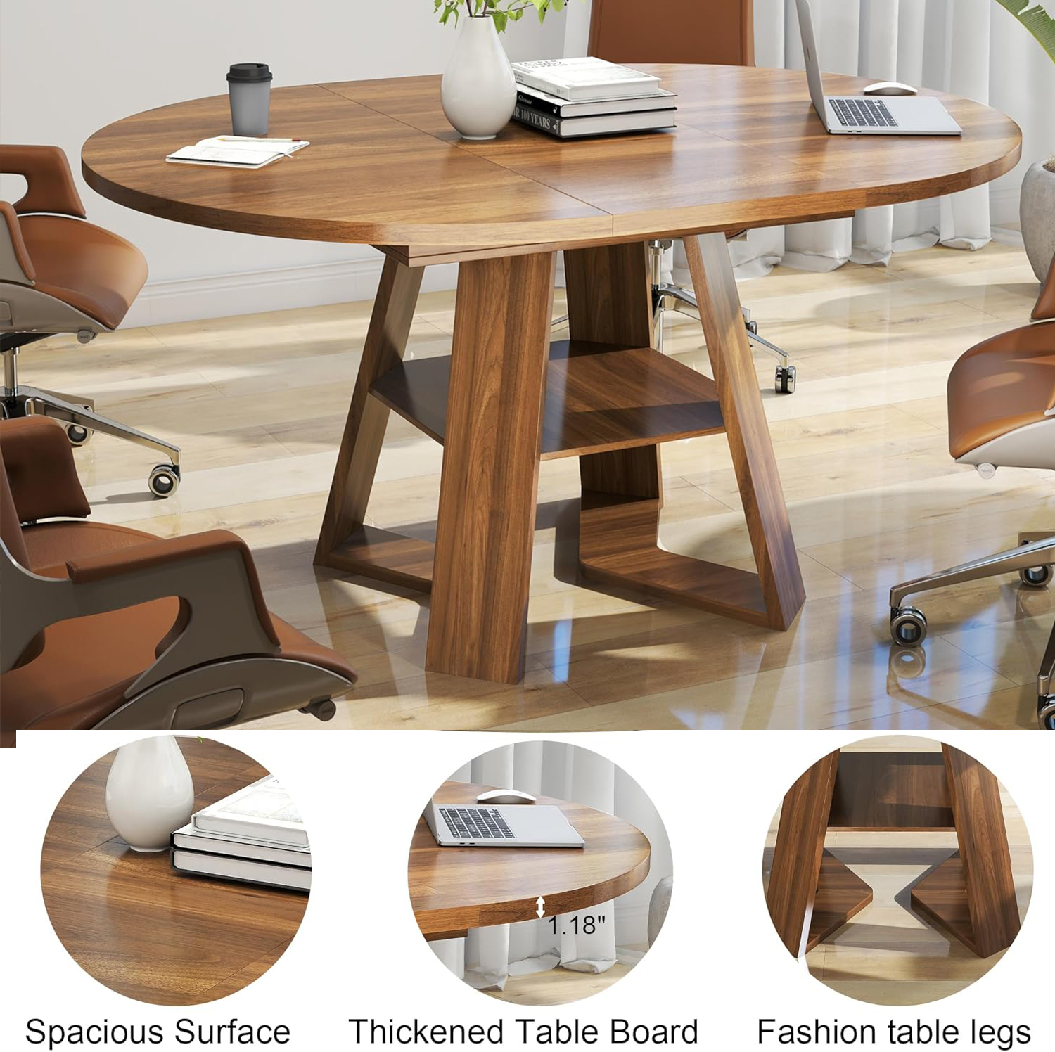 Extendable Round Dining Table for 4-6, Modern Kitchen Oval Dining Table with Removable Leaves for Living Room, Walnut