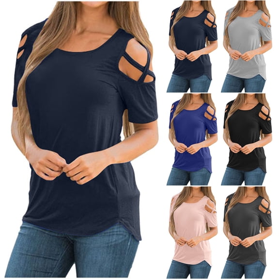 SXCXLSA Women's Cold Shoulder Cotton Look Top, Solid Color Summer Blouse